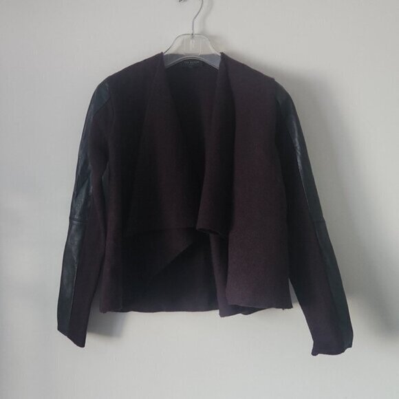TED BAKER | Leather trim jacket blazer cardigan 100% wool black purple sz XS - Picture 2 of 9